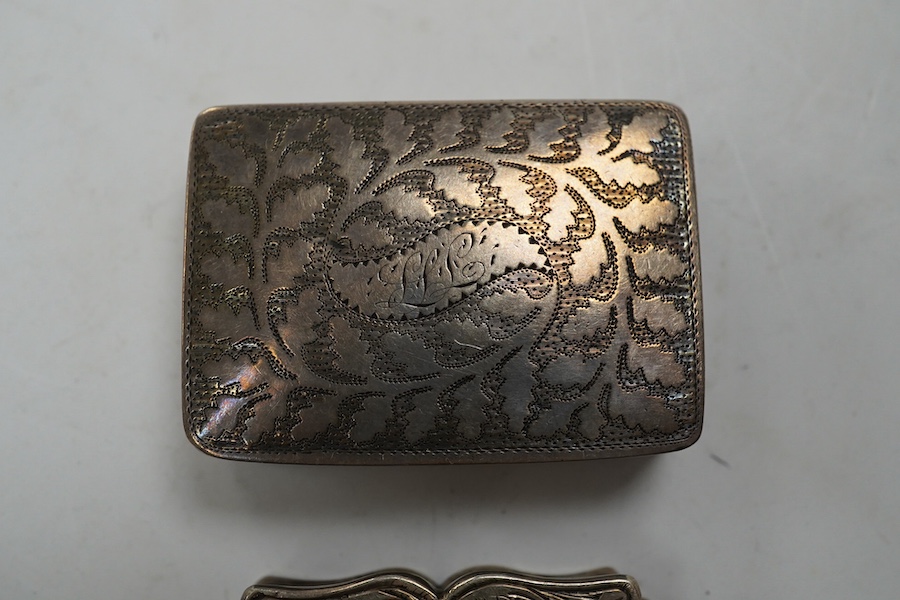 A late George III silver rectangular vinaigrette, John Thropp, Birmingham, 1819, 39mm and one other foliate scroll engraved silver vinaigrette, Birmingham, 1845. Condition - poor to fair